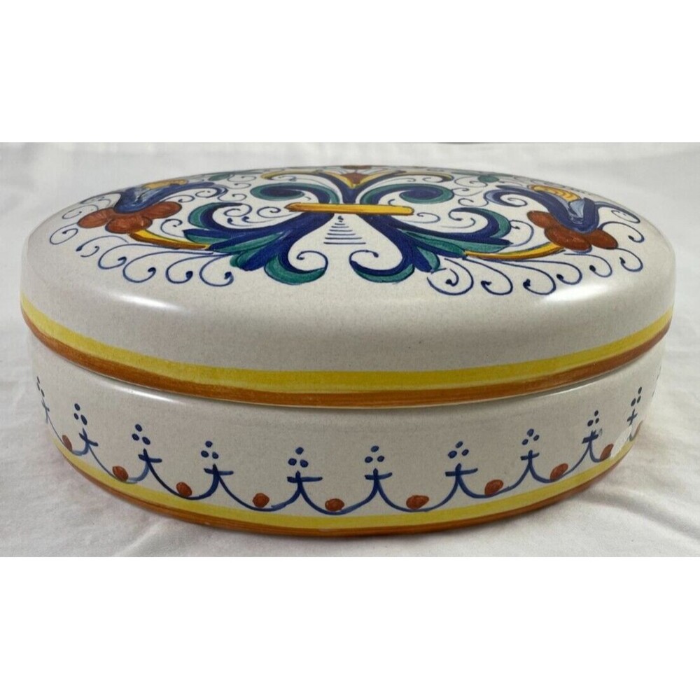 Deruta Ricco Large Trinket Box Oval Jewelry 8.5 x 6" Scroll Floral Italy Blue